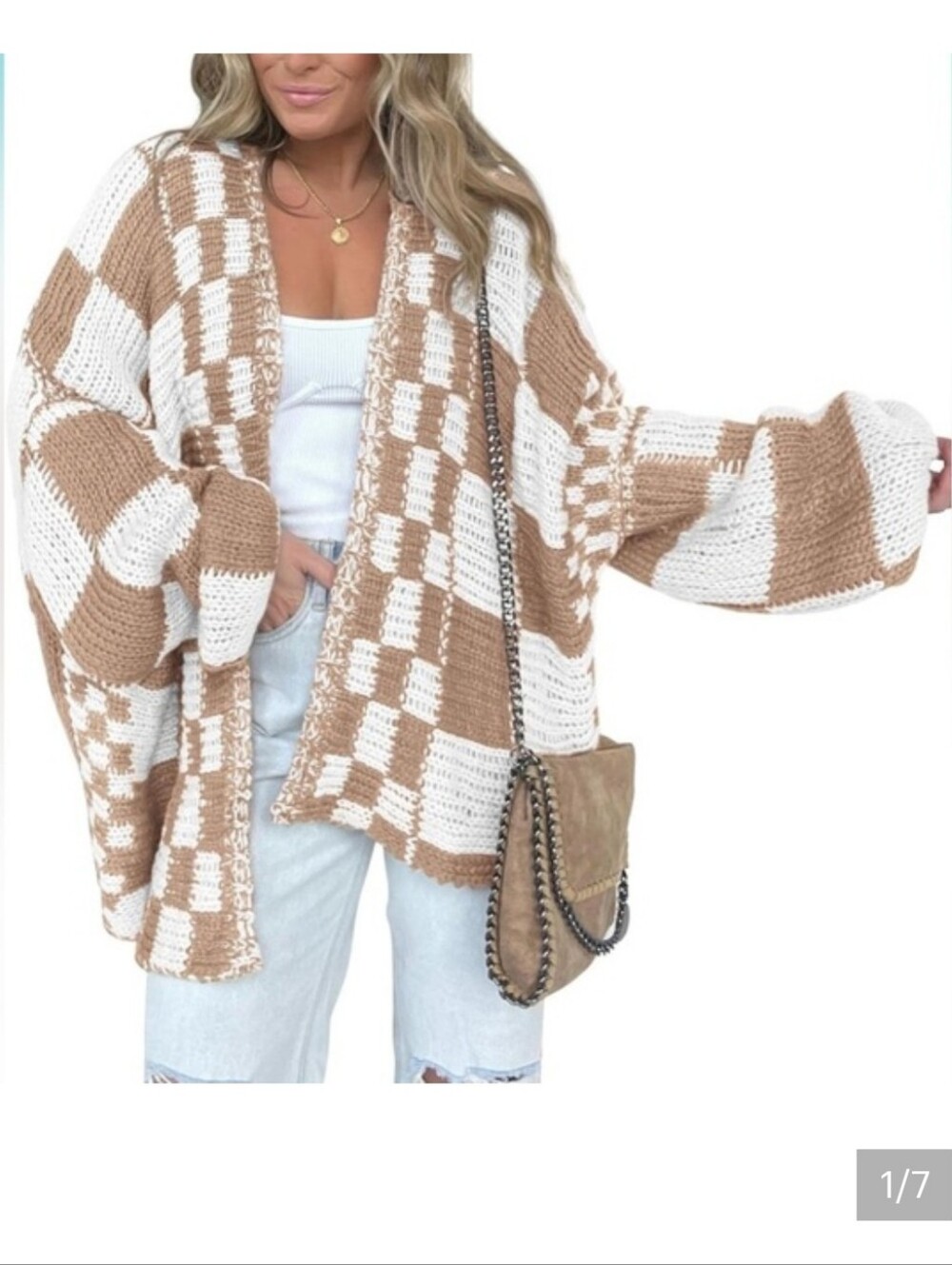 Double Zero cropped checkered open-front knit cardigan